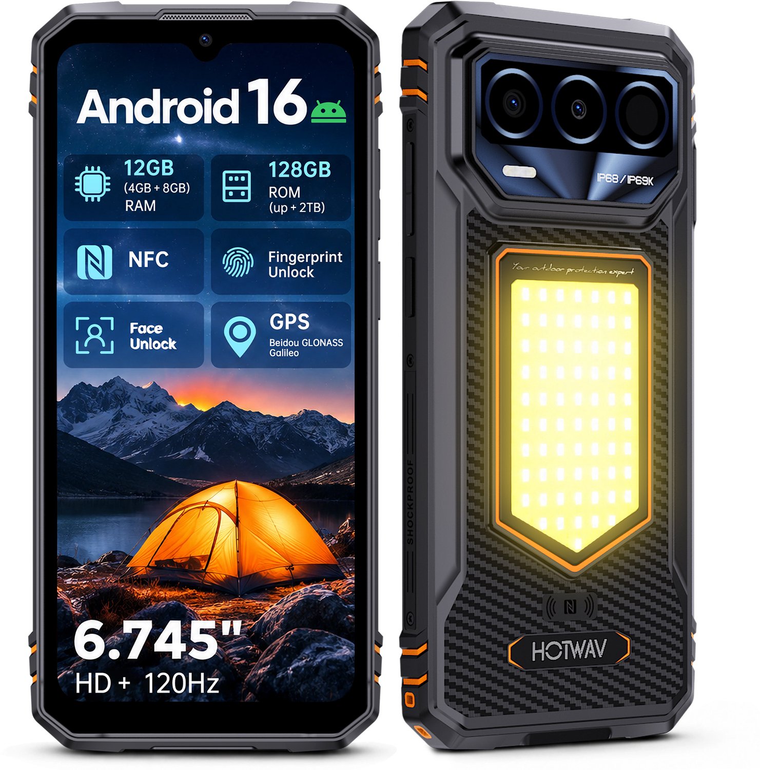 HOTWAV T8 Rugged Smartphone 4G – Android 16 – 12GB+128GB – 120Hz Display – 6200mAh Batterij – IP68/IP69K – Campinglamp, NFC, Vingerafdruk, Gezichtsontgrendeling