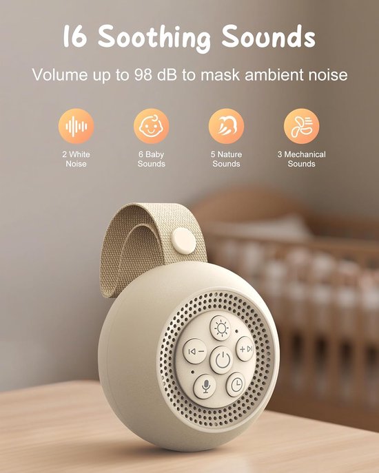 White Noise Machine – 16 Rustgevende Geluiden – Met Stemopname – Nachtlampje – Timer – Geheugenfunctie – Oplaadbaar – Voor Baby's en Volwassenen — afbeelding 5