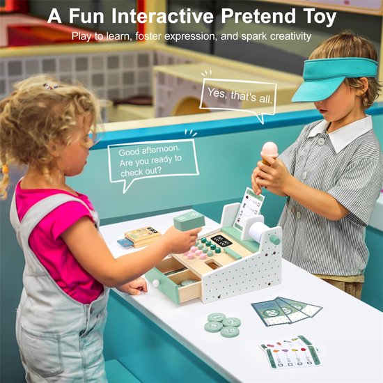 Montessori Houten Speelgoed voor Kinderen – Houten Kassa – Met Speelgeld, Scanner en Winkelaccessoires – Educatief Rollenspelspeelgoed voor Peuters – Cadeau voor Jongens en Meisjes — afbeelding 2
