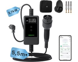 dé Mobiele Thuislader Type 2 met App voor Stopcontact - 3.7kW - 5,5m TPU Kabel - IP66 - Laadkabel Type 2 naar Schuko - Traploze Laadstroom via App (6A - 16A) - Laadtijd Inplannen