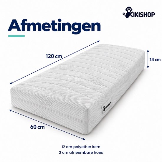 Kikishop babymatras van 120x60x14 cm met een 12 cm dikke polyether kern en 2 cm afneembare hoes.
