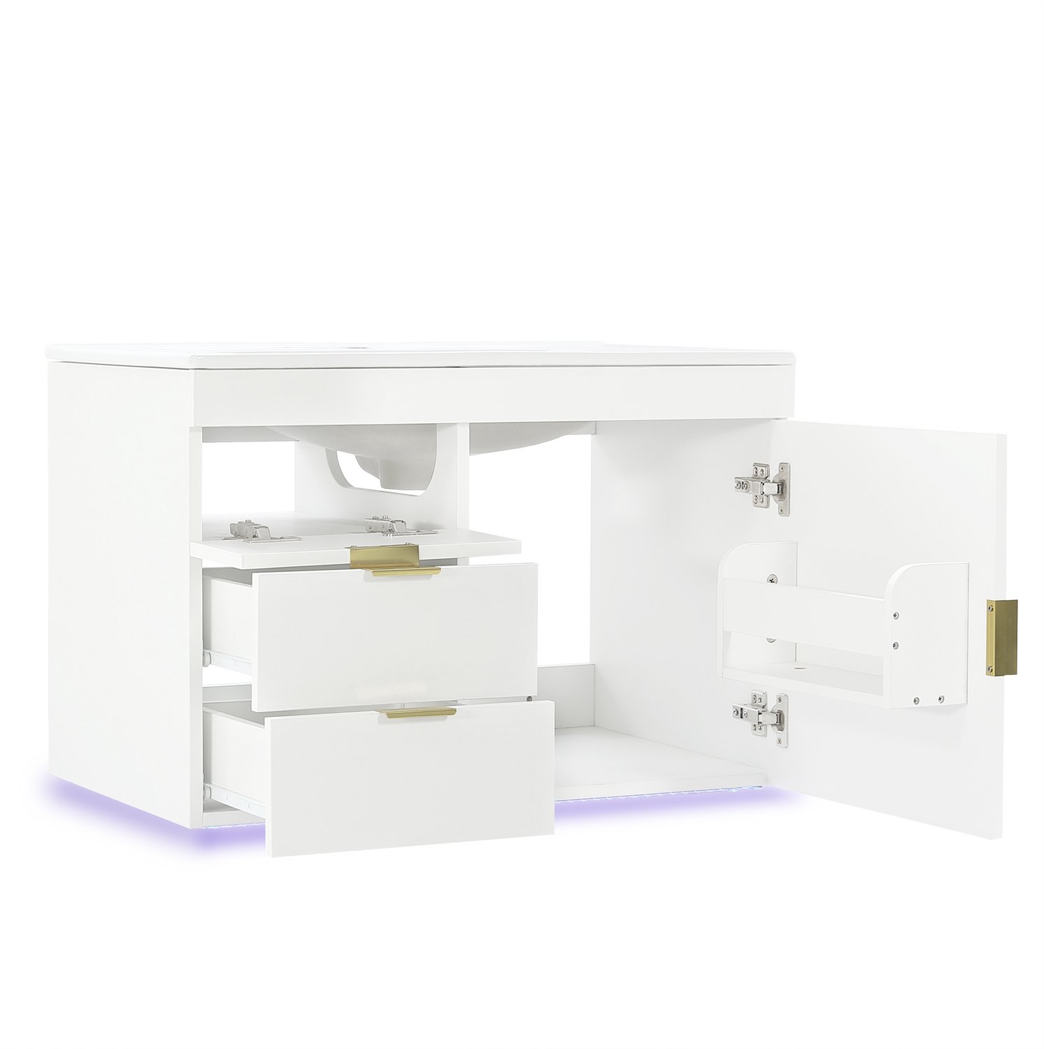 Wastafelonderkast 76 cm - Hangend Badkamermeubel Met 2 Laden, Zijvak En Keramische Wastafel - App-gestuurde LED, Softclose - Witte Houtlook