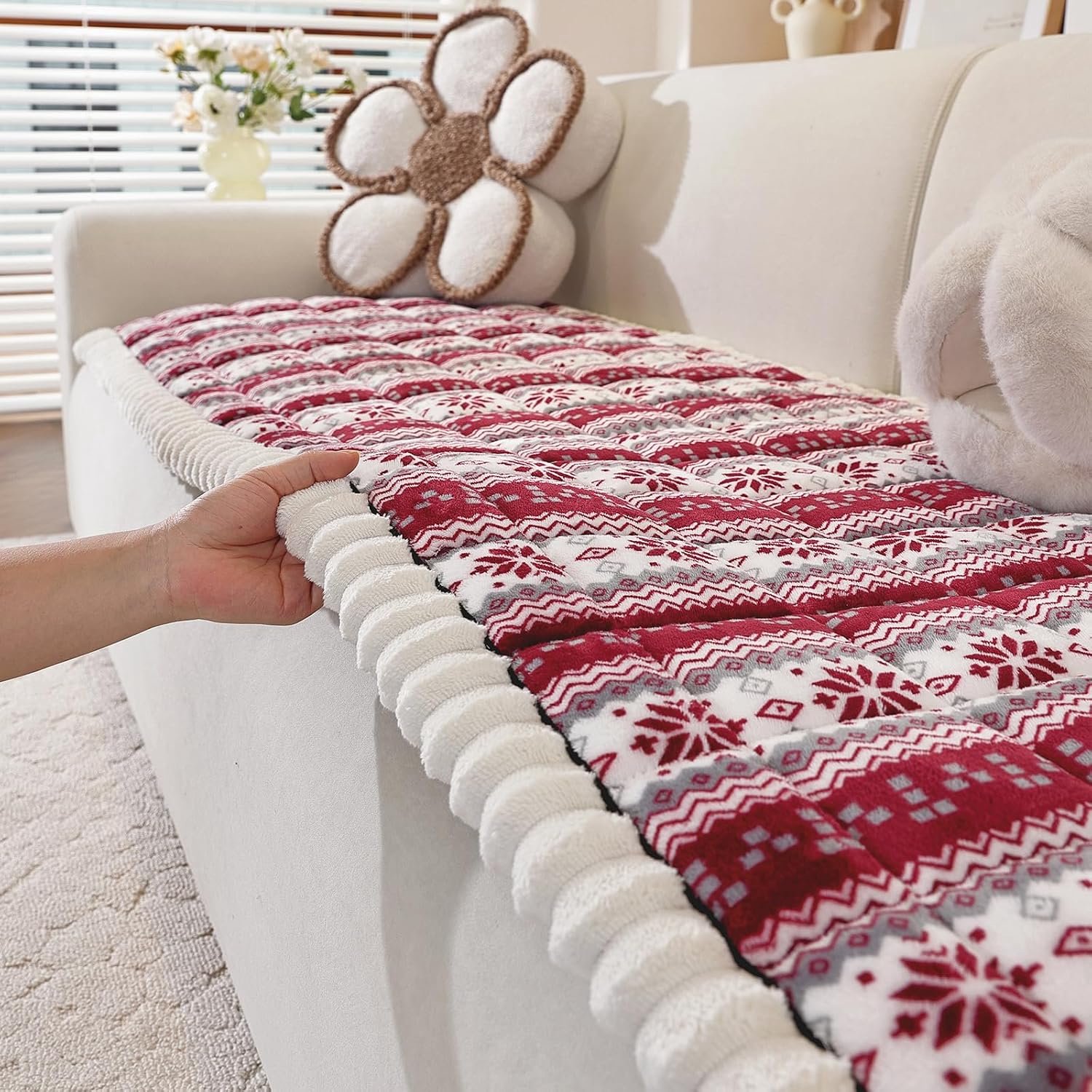 Kerst bankhoes voor hond en kat - pluizig antislip meubelbeschermer 27.6 × 70.9 inch | Huisdiervriendelijk -machinewasbaar - sneeuwvlokmotief