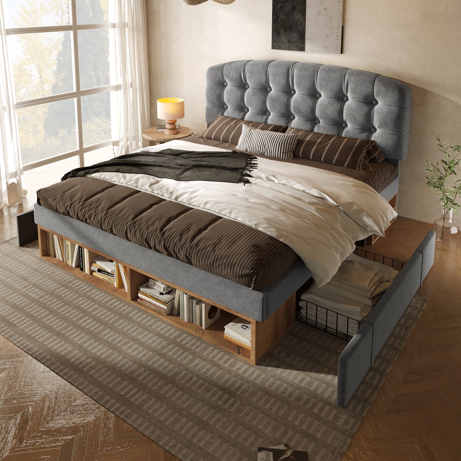 Welltin Gestoffeerd bed 140x190 cm - Fluweel - Lades en open vakken - Verstelbaar hoofdbord - Lattenbodem - Grijs