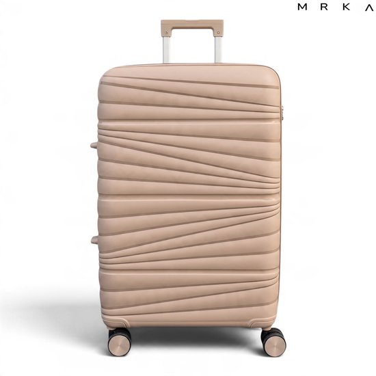 Grote MRKA Santiago reiskoffer in beige met golvend reliëfpatroon, uitschuifbare hendel en vier 360°-wielen.