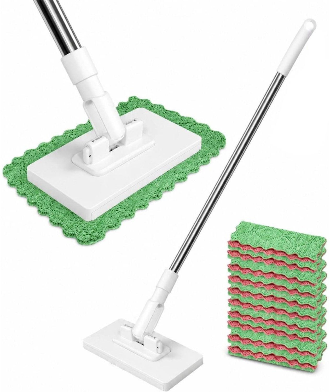 SSTRWGOOD Druk-en-klem-dweil – Handen blijven schoon – Eenvoudig te vervangen – Automatische doekklem – Inclusief 10 herbruikbare microvezelpads – Maakt schoonmaken makkelijker