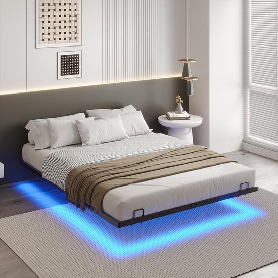 Zwevend Bedframe 140x200 cm met LED-Verlichting – Modern Tweepersoonsbed met Metalen Lattenbodem – Stevig en Stabiel Bed zonder Boxspring – Eenvoudige Montage