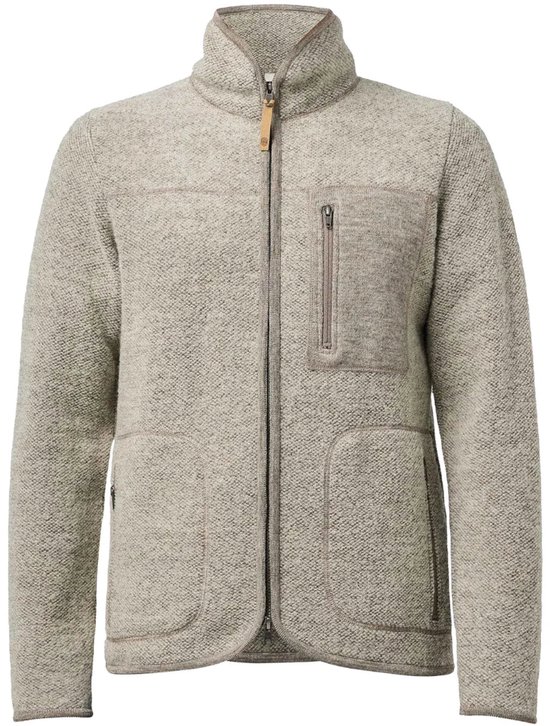Beige wollen vest met ritssluiting, opstaande kraag, borstzak en twee zijzakken.
