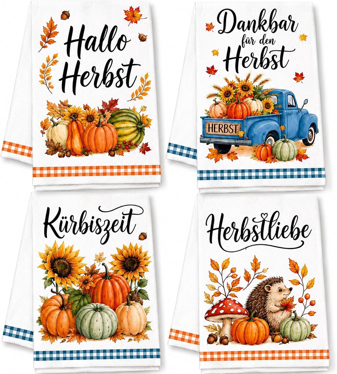 4-delige set theedoeken herfstmotief pompoen & egel 60x40 cm