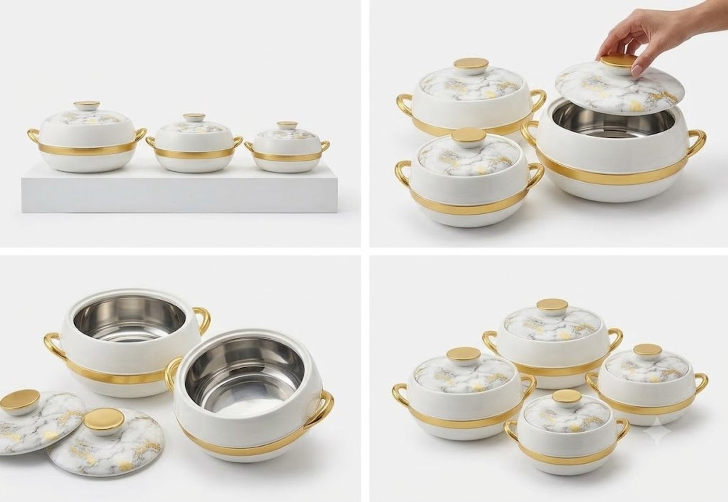 Kajal Kitchen Thermische Schalen Set van 3 - Roestvrijstalen Voedselcontainers met Warmtebehoud (1000ml, 1500ml, 2000ml) | Geïsoleerd, Duurzaam & Stijlvol - Wit/Goud Met Kajal Sticker