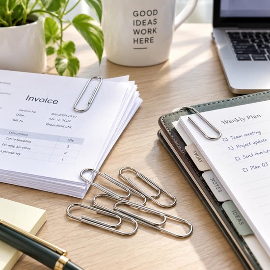 Zilveren paperclips op een bureau bij een factuur en een planner met het opschrift Weekly Plan.