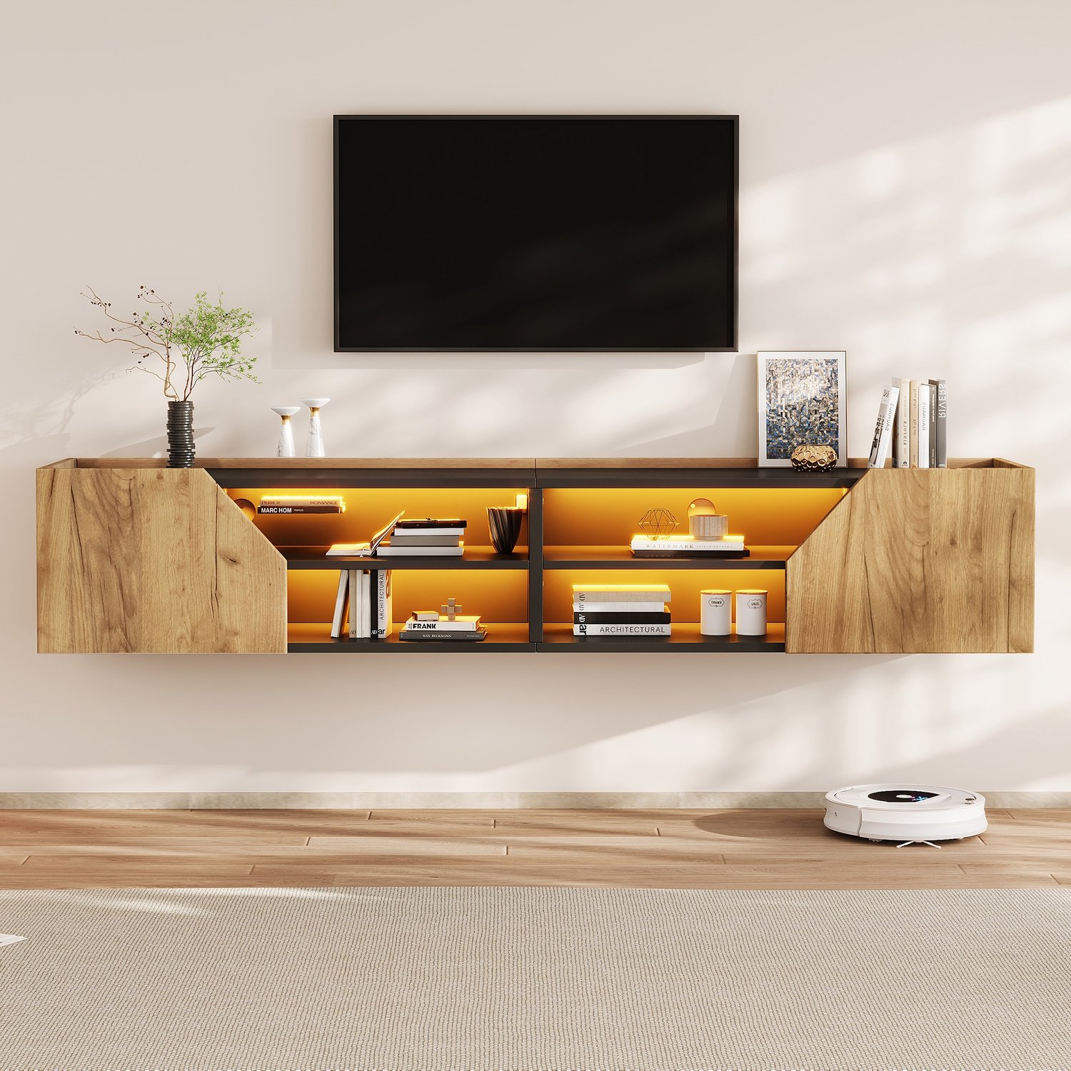 Sweiko TV-meubel - Wandmodel kast - LED-verlichting - MDF - 180 x 36.5 x 40cm - Zwart + Naturel