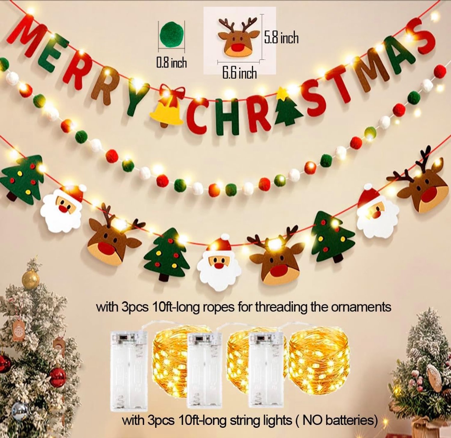 3 Stuks Kerstguirlande en Vrolijk Kerstfeest Banner - Met LED-slinger - Kerstboom - Kerstman en Balornamenten - Vilt Vlaggenlijn - Geschikt voor Muur - Deur en Raam Decoratie – foto 2