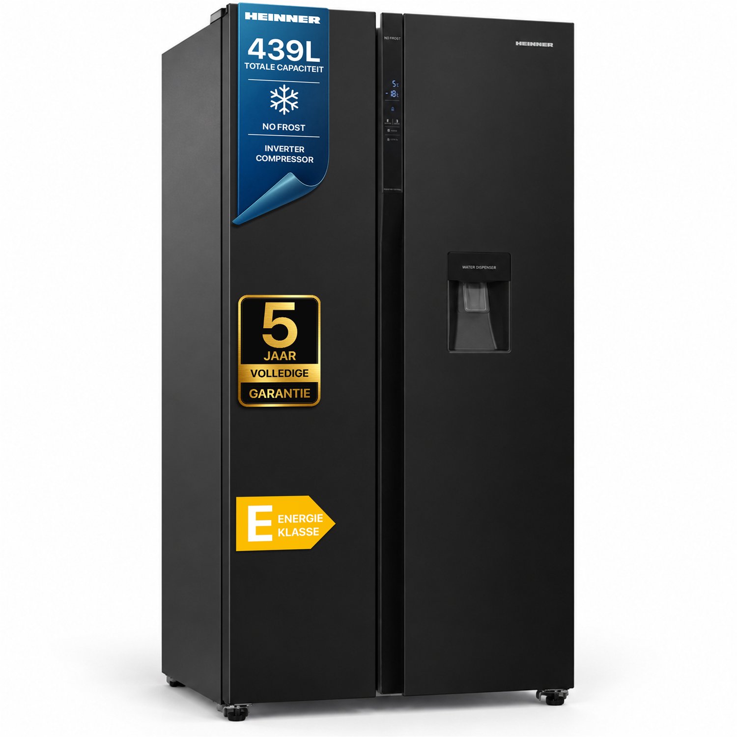 Heinner HSBS-H439NFBKWDE++ Amerikaanse Side-by-Side Koelkast met Waterdispenser – 439 L – Full No Frost – LED Touch Display – Smart Eco Functie – Zwart – 5 Jaar Garantie