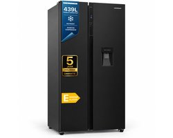 Heinner HSBS-H439NFBKWDE++ Amerikaanse Side-by-Side Koelkast met Waterdispenser – 439 L – Full No Frost – LED Touch Display – Smart Eco Functie – Zwart – 5 Jaar Garantie