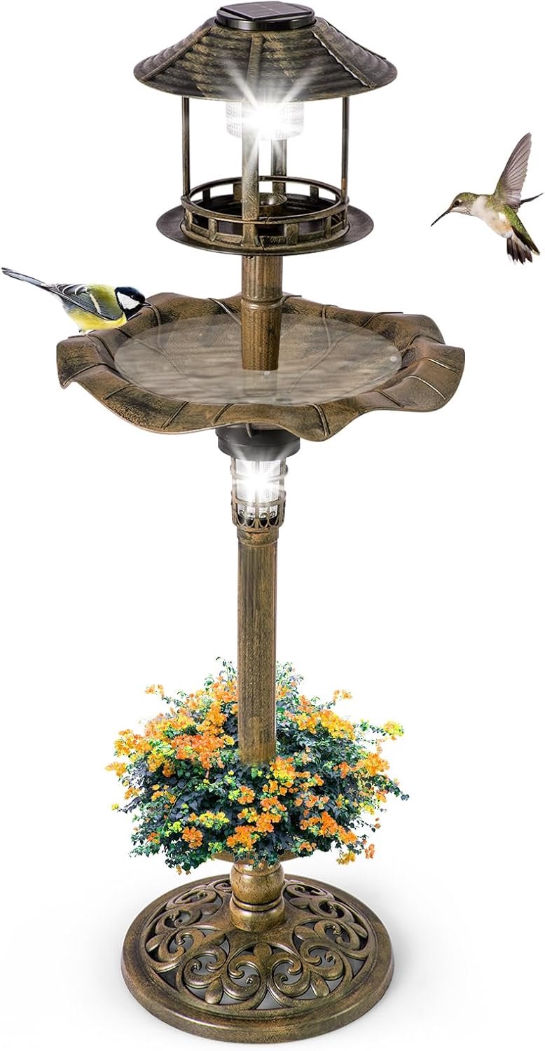 COSTWAY Vogelbad met zonnelamp, bloempot, vogelvoederhuis & vulbare standaard, vogelvoederstation retro, voederdispenser vogelvoederdispenser, wilde vogels vogelbad tuin, Ø 43 x 110 cm (brons)