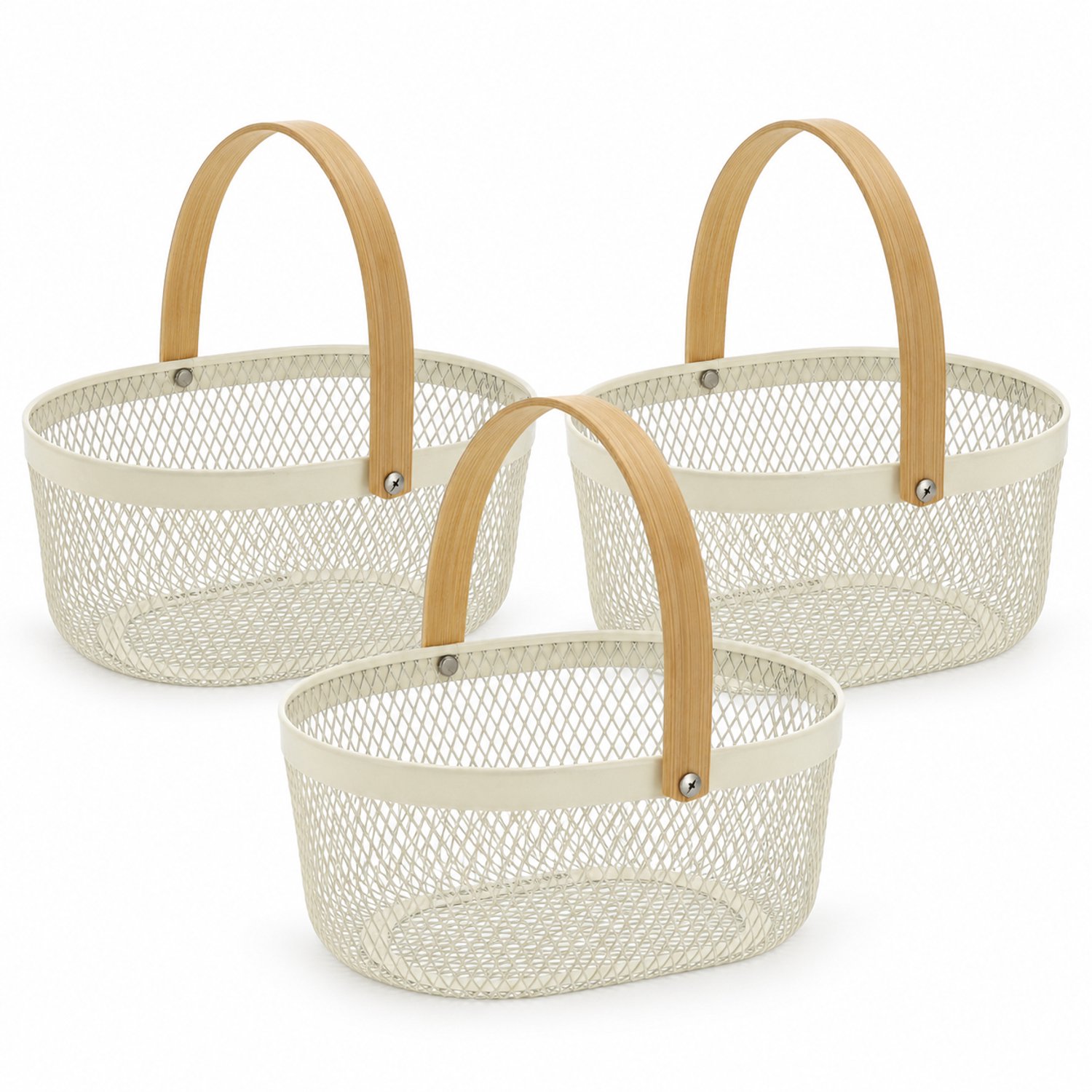 Opbergmand Set van 3 - Metalen Opbergmanden - 3L per Mand - Ovaal met Bamboe Handvat - Fruitmand voor Keuken - Organizer voor Badkamer en Kinderkamer - Crème