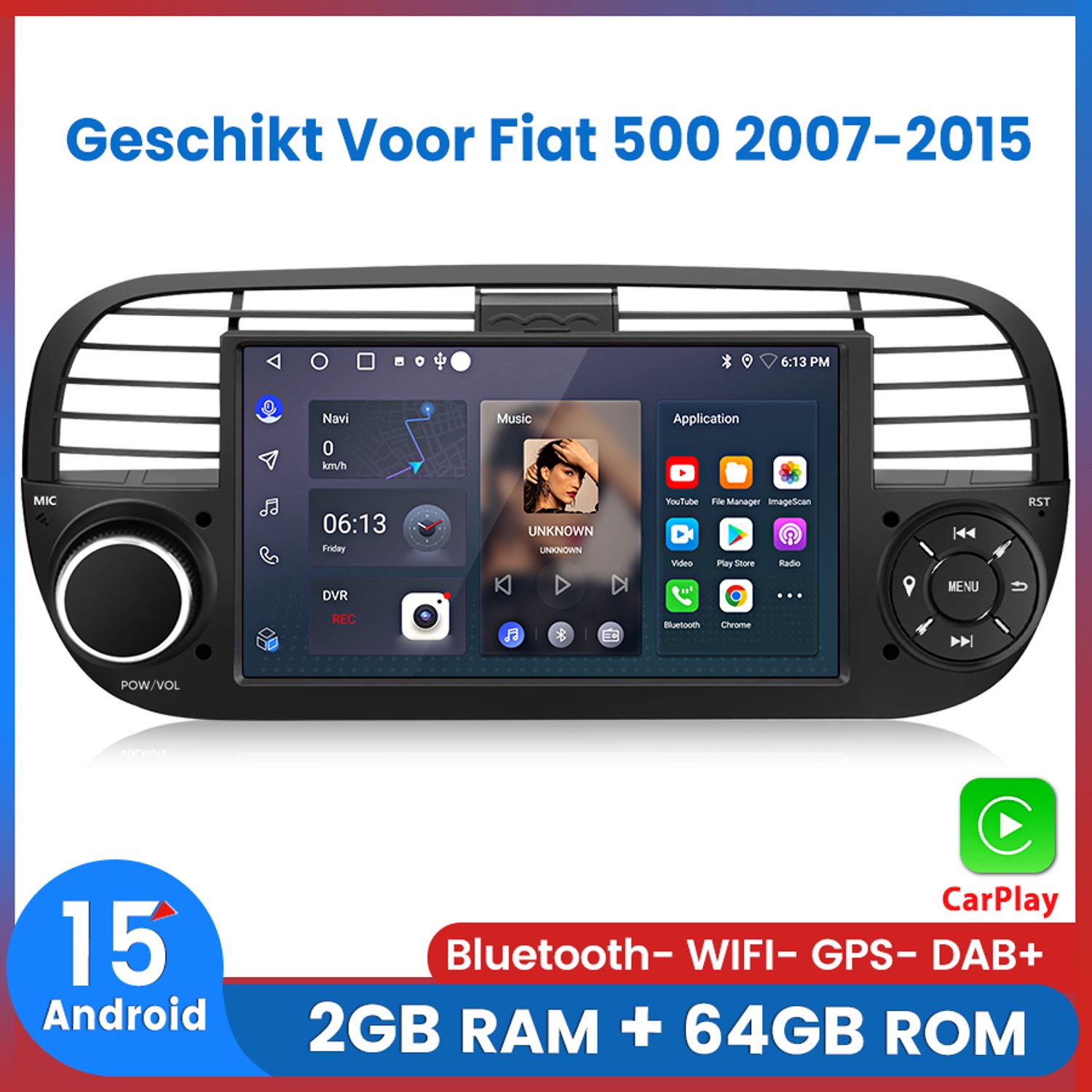 Awesafe Autoradio - Geschikt Voor Fiat 500 2007 t/m 2015 - Android 15.0 Systeem - Ram 2GB + Rom 64GB - Draadloos Carplay Android Auto - GPS RDS Bluetooth Wifi SWC FM - Navigatie - Zwart - 2007 2008 2009 2010 2011 2012 2013 2014 2015