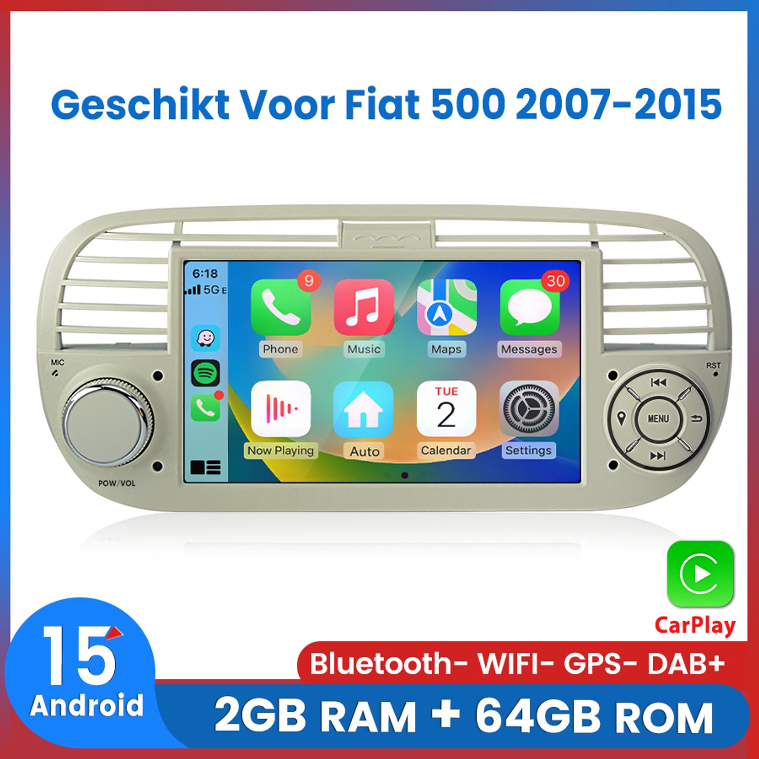 Awesafe Android 15 Autoradio - Geschikt Voor Fiat 500 2007 t/m 2015 - Ram 2GB + Rom 64GB - Draadloos Carplay Android Auto - GPS RDS Bluetooth Wifi SWC FM DSP- Navigatie - Wit - 2007 2008 2009 2010 2011 2012 2013 2014 2015
