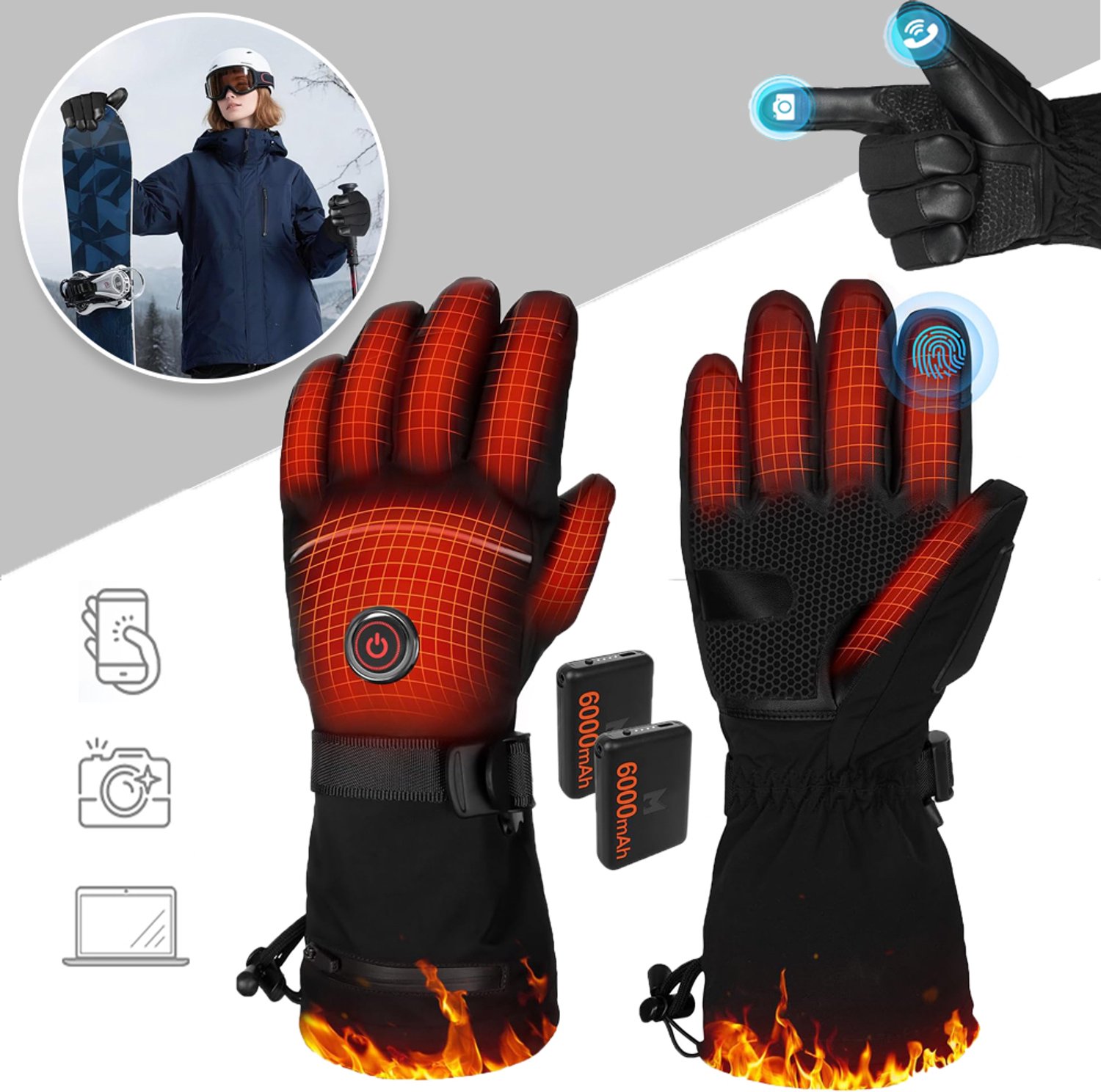 USB Verwarmde Handschoenen Met 2x 6000 mAh Accu – 3 Temperatuurstanden Tot 70°C En Touchscreen – Waterdicht En Winddicht – Voor Skiën Wandelen En Motorrijden – – Sinterklaas- En Kerstcadeau Zwart