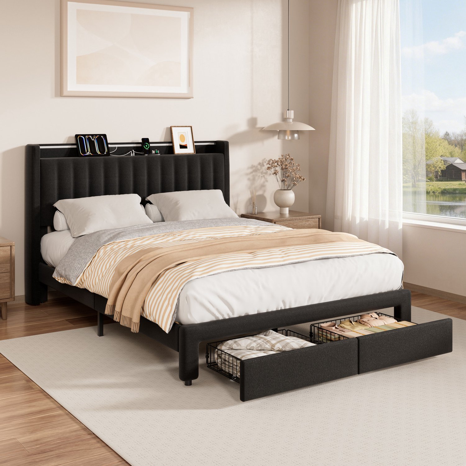 KUTAS 2 Persoons Bed 160x200 cm - Tweepersoonsbed met Opberglades - LED-verlichting - Met Hoofdbord en Lattenbodem - Draagkracht 500 kg - USB-A & USB-C Oplaadpoorten - Antislip & Geluidsarm - Zwart