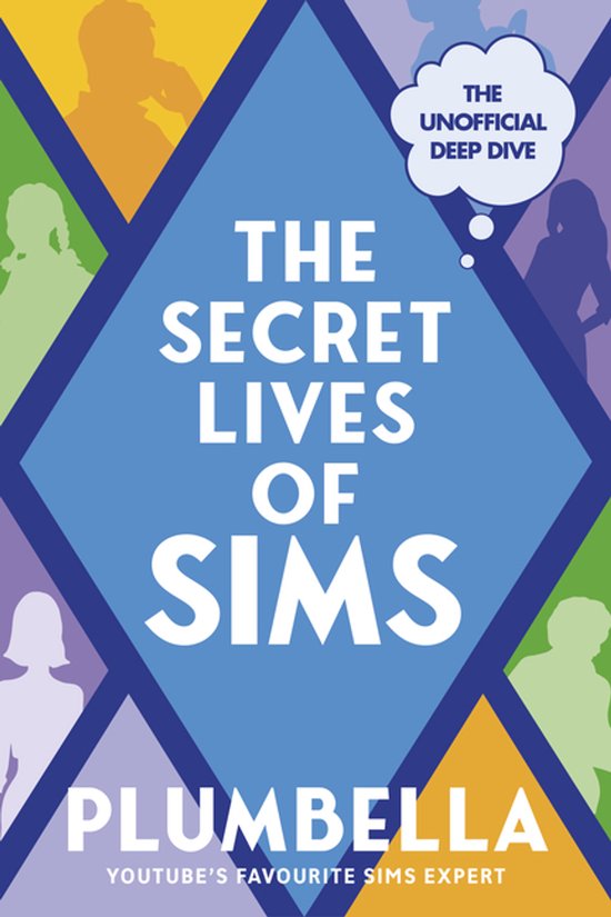 Boekomslag: 'The Secret Lives of Sims' door Plumbella, met gekleurde silhouetten en een tekstballon over een diepe duik.