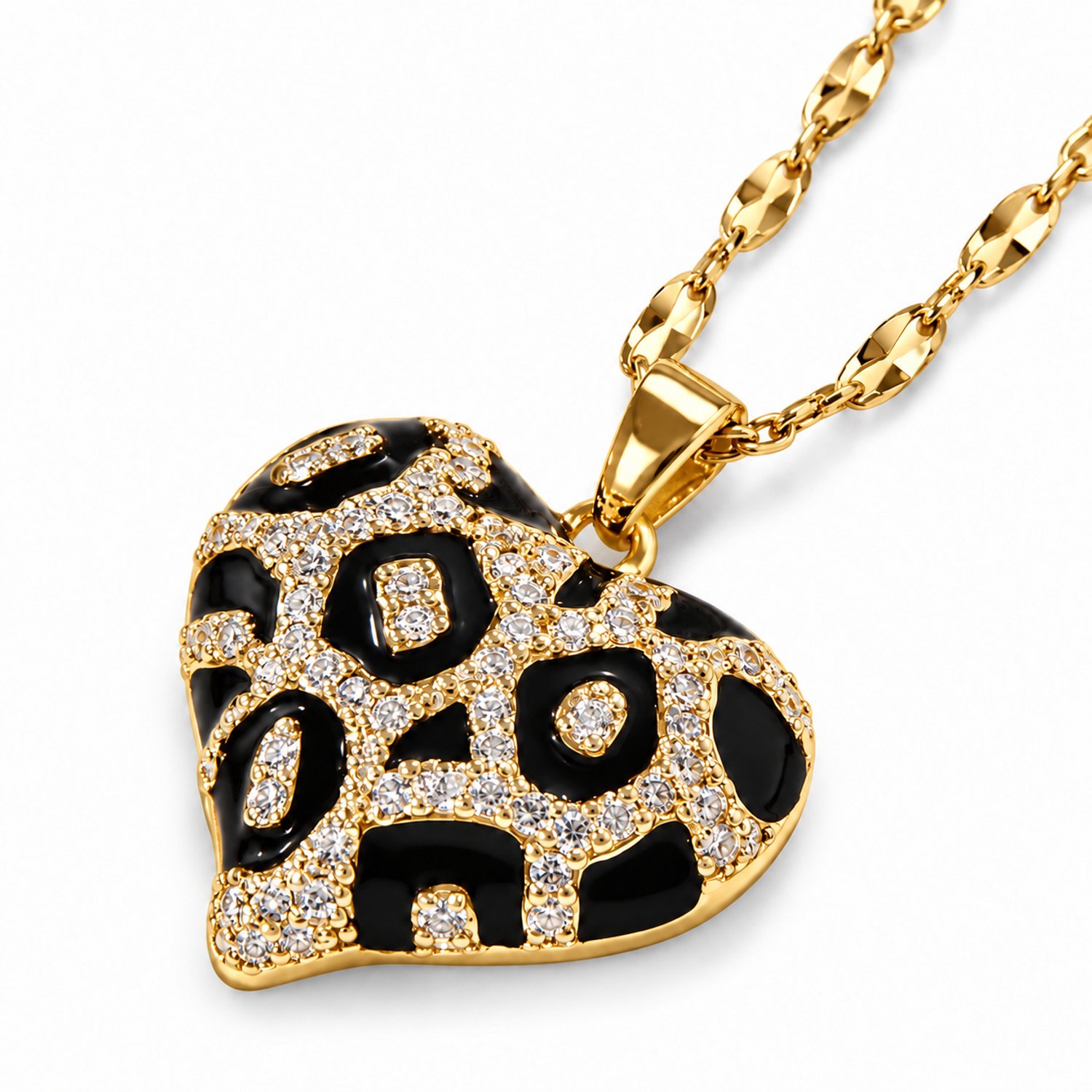 Engravia by Derya – Hartjes Ketting Dames – Stainless Steel – Goudkleurig met Zirkonia en Luipaardmotief – Elegant Sieraad – Cadeau voor Haar