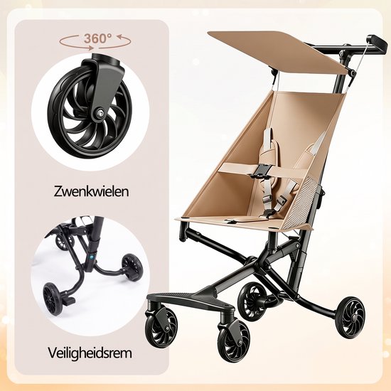 Lichtgewicht Buggy & Reisbuggy - Compact inklapbaar Kinderwagen - Opvouwbaar Wandelwagen - Tot 22 kg Draagkracht - Stabiel 4-Wiel Design & Anti-Schok - Ideaal voor Camping & Auto - Oersterk Aluminium Frame - Voor kinderen van 1、2、3、4、5、6 jaar - Beige — afbeelding 2