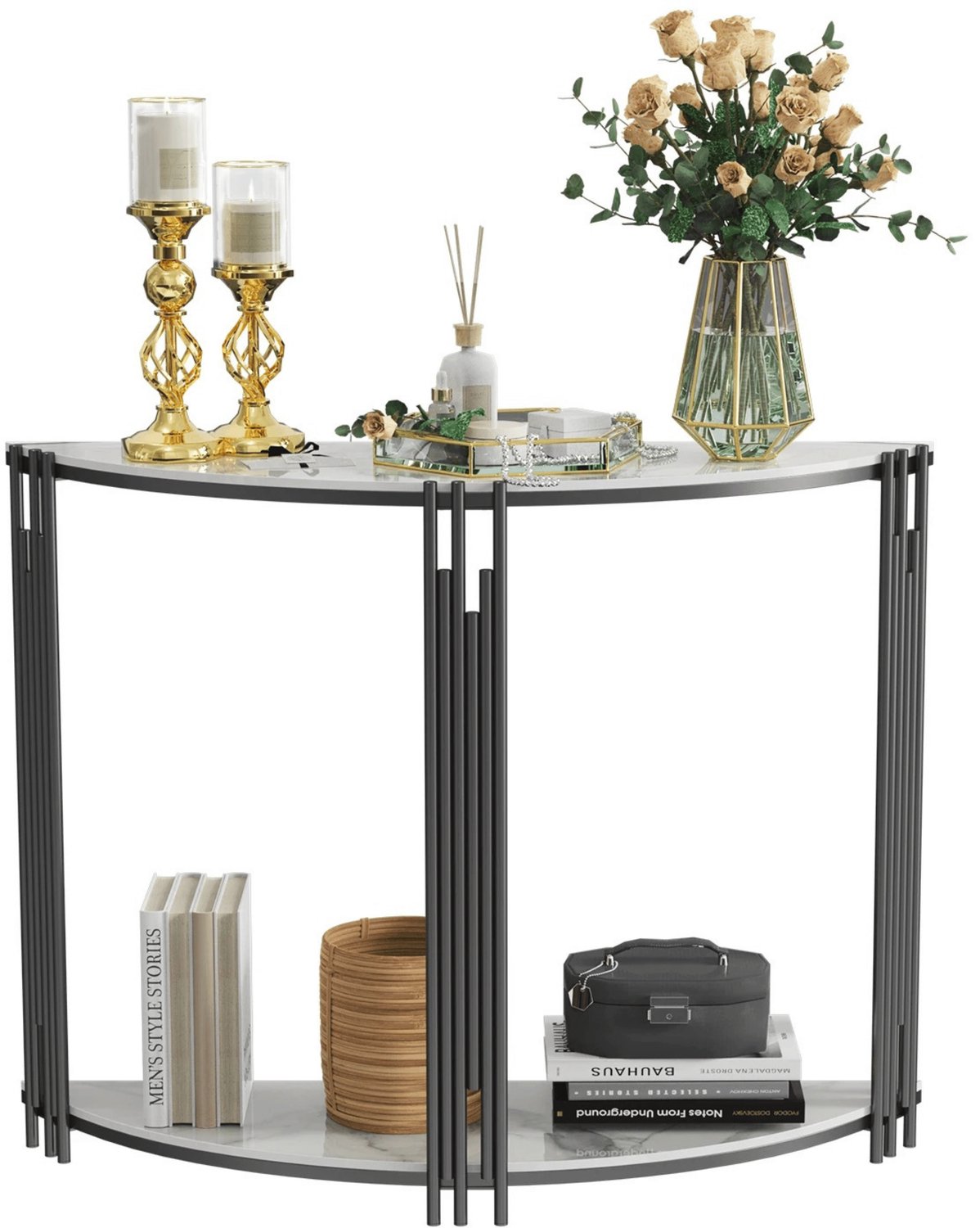 Homezo console tafel - Sidetable marmerlook - Halfronde wandtafel - Woonkamer/Hal - 2 niveaus - Gesinterd steen - 100x30x78 bxdxh Wit