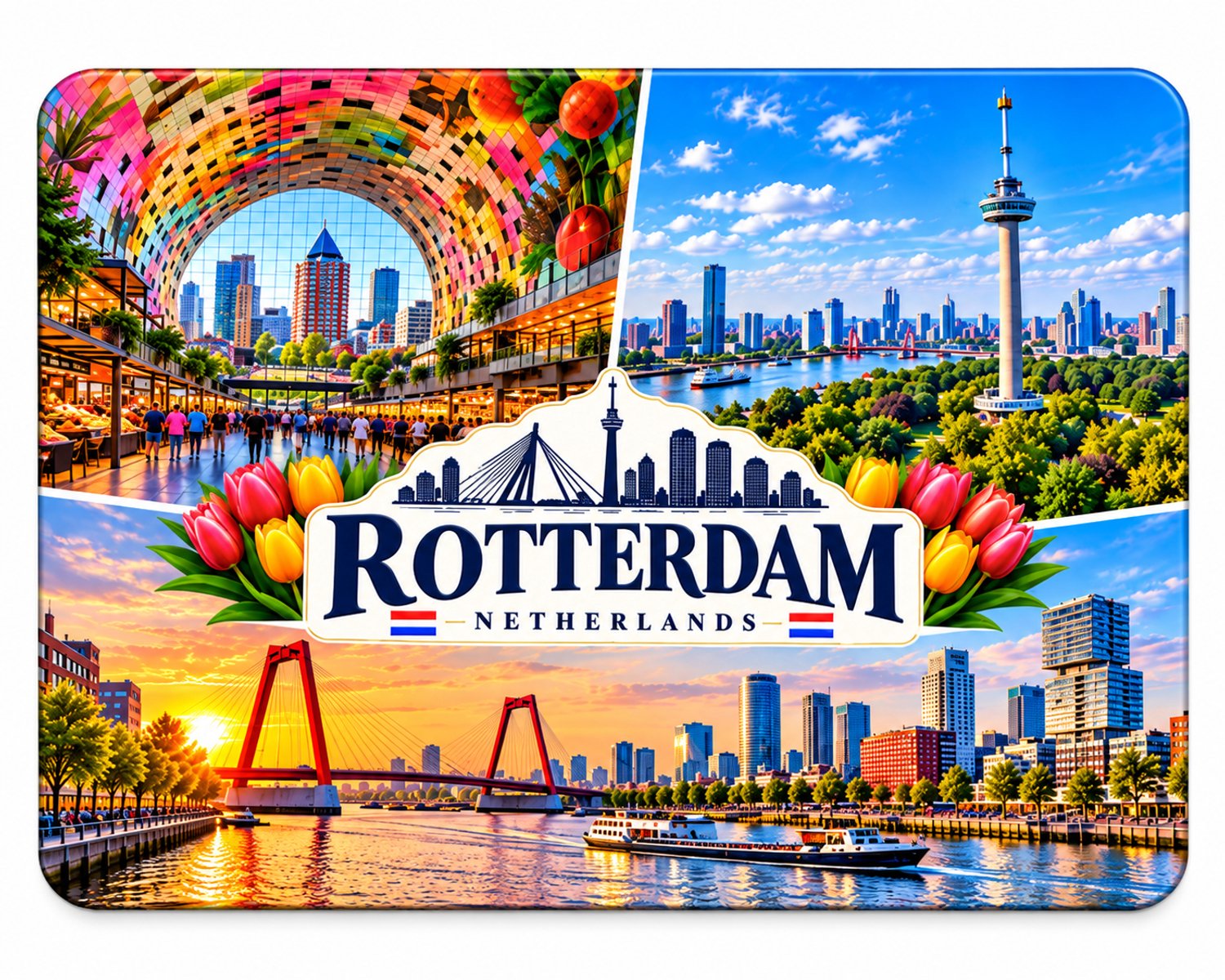 Koelkastmagneet MDF Rotterdam – Stads collage met Markthal en Euromast – Souvenir – 9 x 7 cm