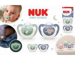 NUK First Choice Night Fopspenen 0-6 Maanden – 2 Stuks – Glow in the Dark – Orthodontische Siliconen Speentjes – Groen en Blauw