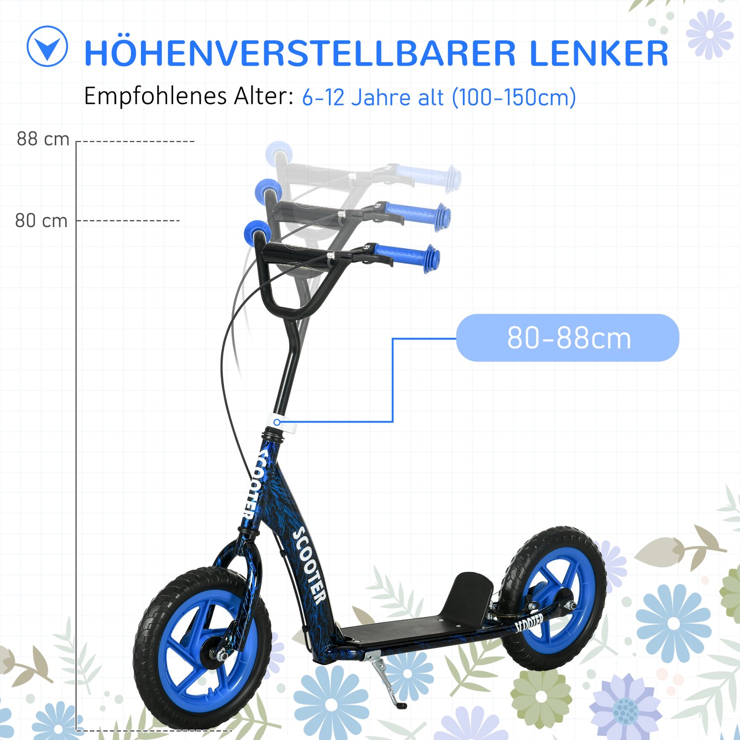 Playon Kinderstep - Met in hoogte verstelbaar stuur - Met achterrem en standaard - Met lekvrije wielen van 30 cm - 118 x 52 x 80-88 cm - Blauw