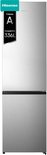 Zilverkleurige Hisense koel-vriescombinatie met RVS afwerking, energielabel A en 336 liter inhoud.
