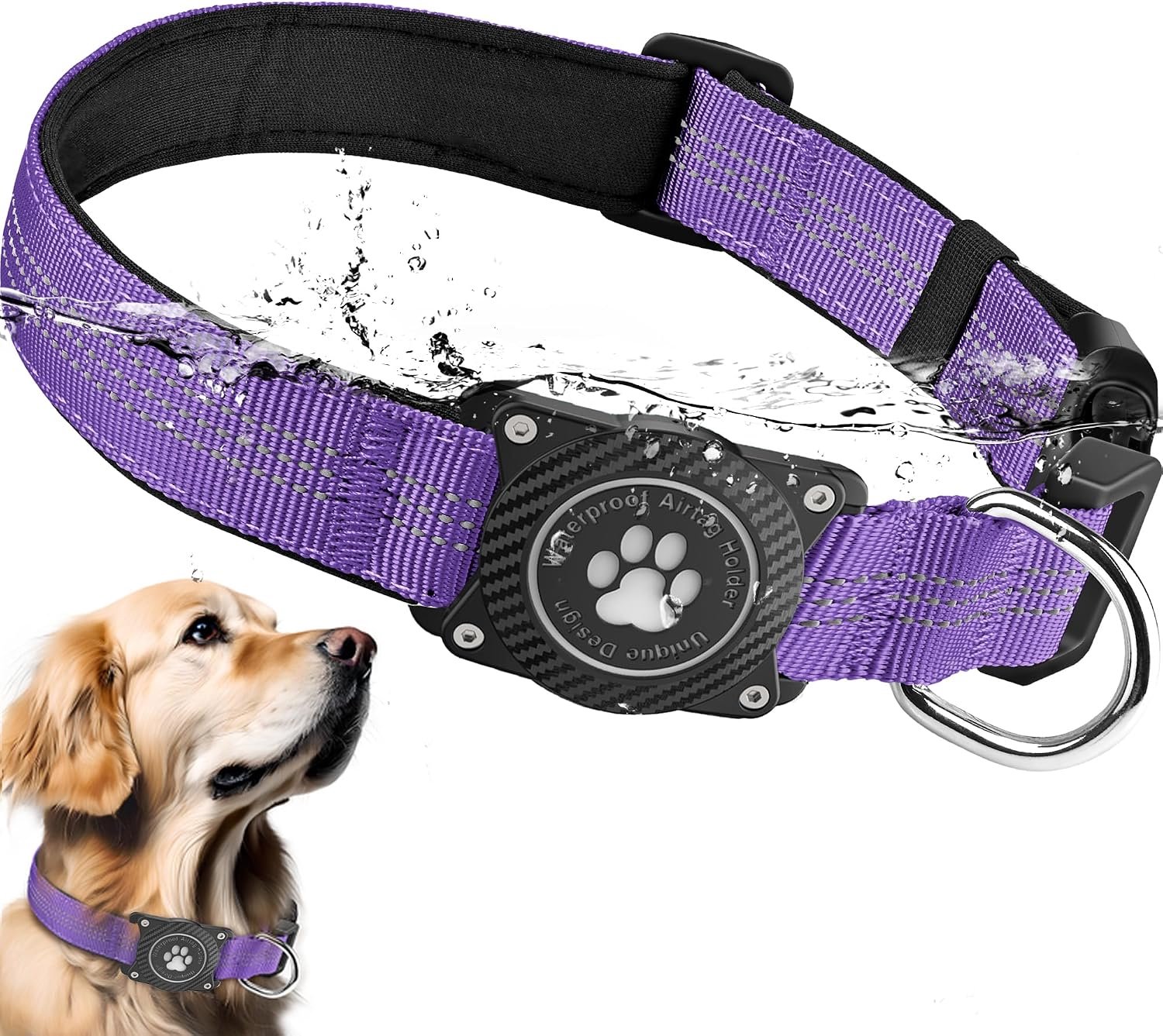 Hondenhalsband met AirTag-houder, verstelbaar, waterdicht, lila, XL