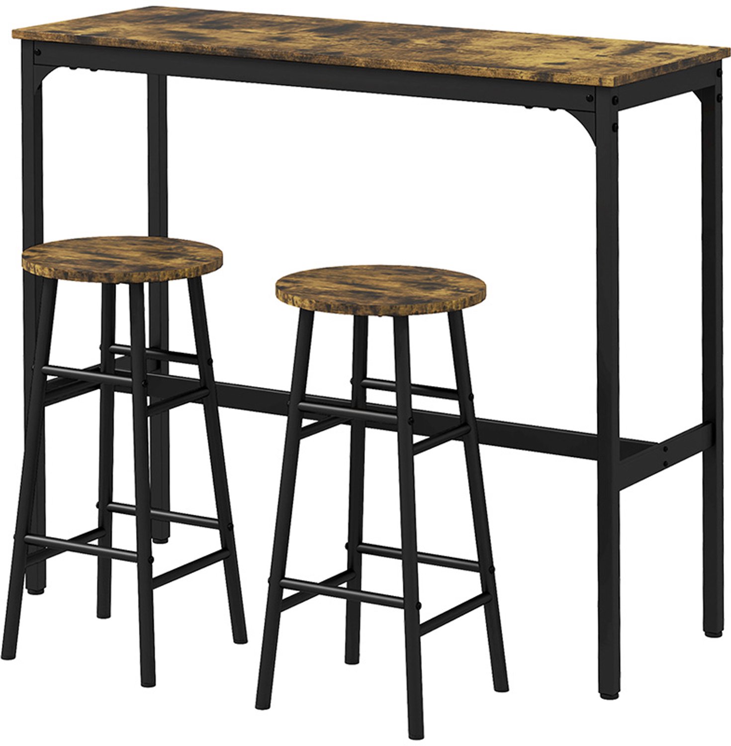 Bartafelset, tafel 105×40×90 cm, kruk 30×30×60 cm, bruin en zwart, metalen frame, bartafel met 2 barkrukken, industriële stijl, eenvoudig te reinigen, praktisch en decoratief, geschikt voor kleine ruimtes, eetkamer en bar