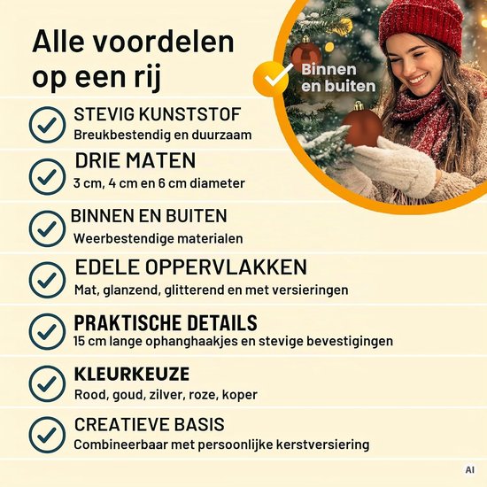 Informatiekaart met voordelen van de kerstballenset. Tekst: Alle voordelen op een rij.