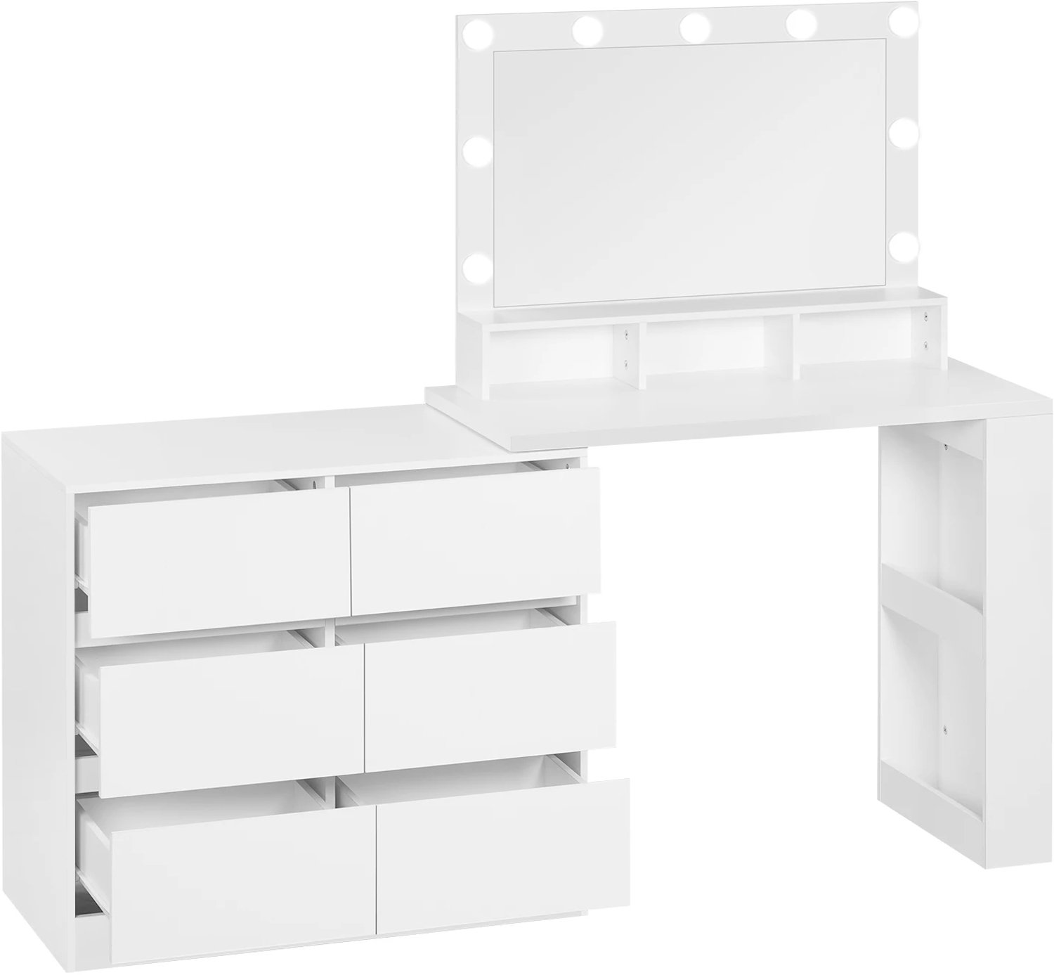 Kaptafel Met LED Spiegel - Make Up Tafel Met 6 Grote Laden - Opbergruimte Voor Slaapkamer En Dressing - Wit Houtcomposiet En Glas