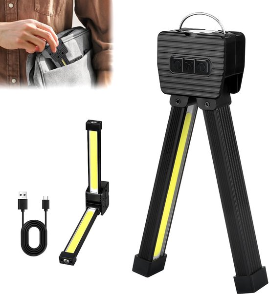 LED Werklamp - Inspectielamp - Bouwlamp Accu - Opvouwbare COB Kluslamp met Statief Magneet & Powerbank Functie - USB-C Oplaadbaar voor Garage Camping & Nood - Zwart