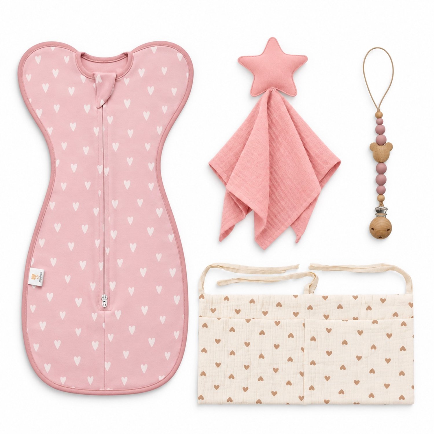 Kraamcadeau pakket meisje – Inbakerslaapzak, knuffeldoekje, speenkoord & box organizer – roze