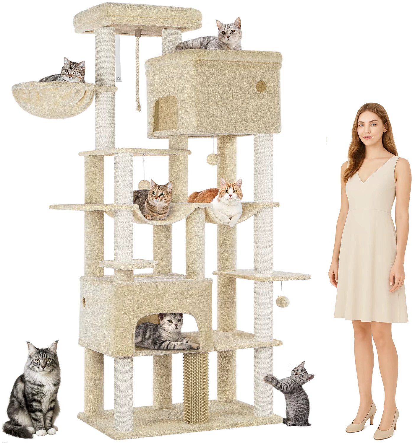 CreateEcom Krabpaal - kattenboom - krabmeubel - XXL-krabpaal - met 10 krabpalen, 2 grotten, 2 hangmatten, groot platform, mand - 200 cm - beige