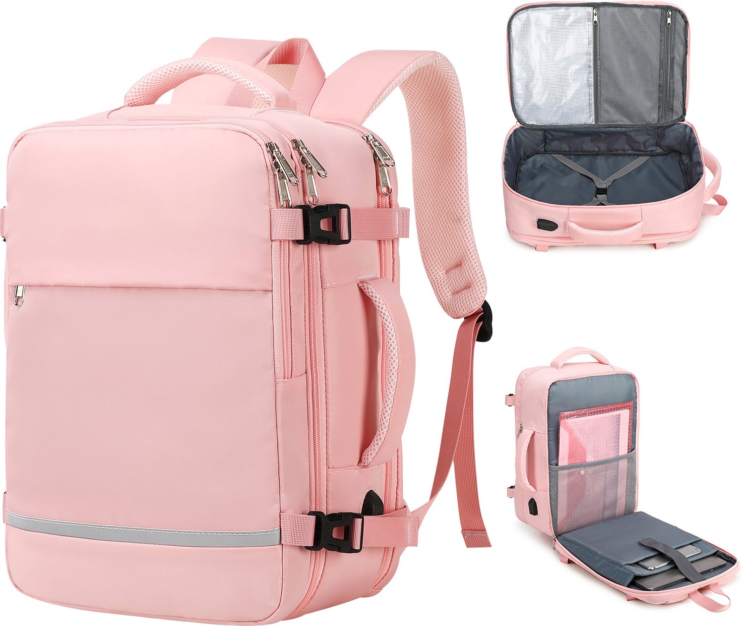 Handbagage 40x30x20 cm Reistas – Reisrugzak 35L- 15,6 inch laptoprugzak met USB poort - Underseater Rugzak - Weekendtas - dagrugzak – Roze