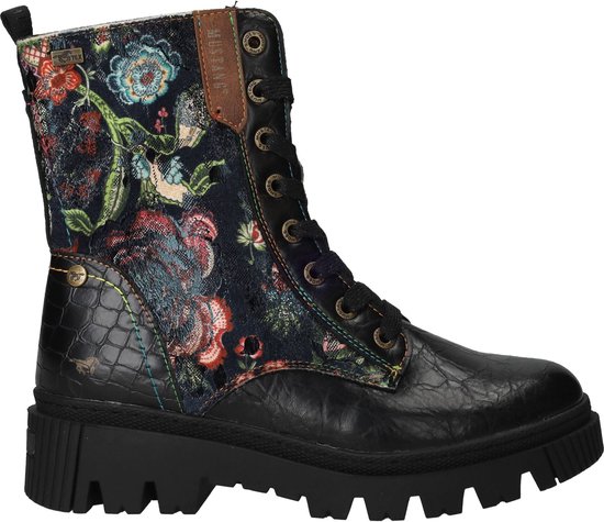 Enkelhoge Mustang veterschoen, zwart met textiele bloemenprint en glanzend krokodillenmotief.