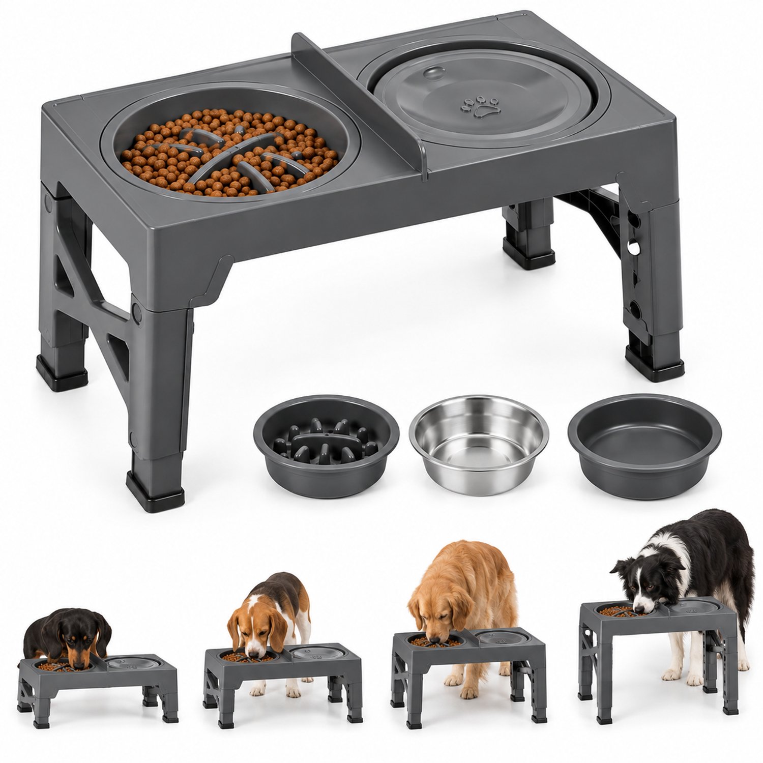 CreateEcom voerbak hond - verhoogde voerbak hond - Verstelbare verhoogde hondenvoerbakken met standaard - 2 roestvrijstalen bakken van 1100 ml - 5 hoogtes voor alle honden - antislip - gemakkelijk schoon te maken - nekbescherming - grijs