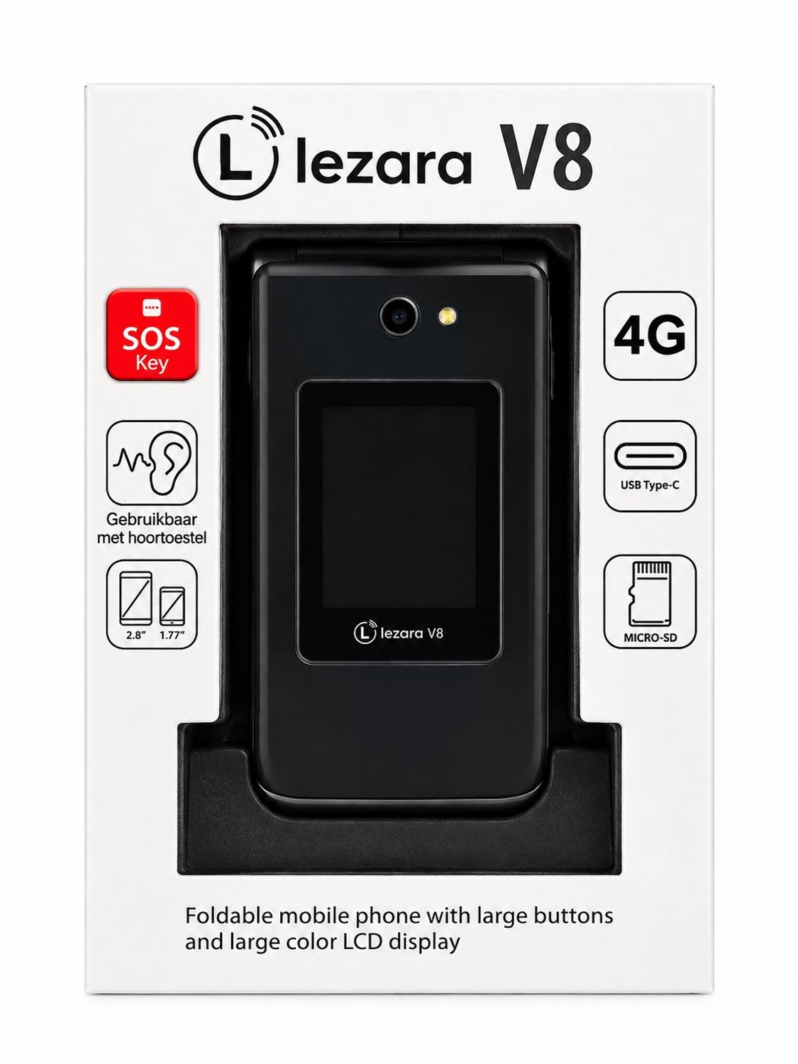 Lezara V8 - Senioren Telefoon - gebruikbaar met hoortoestel.