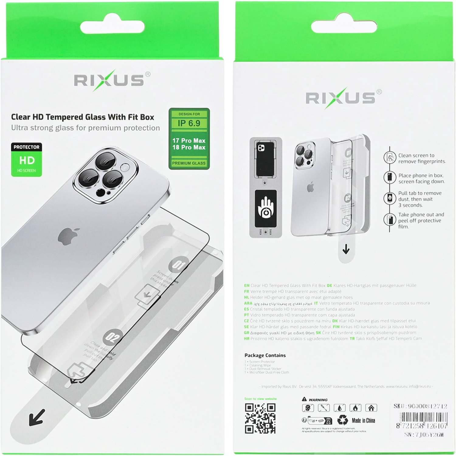 Rixus Clear HD Tempered Glass With Fit Box For Apple iPhone 17 Pro Max, 18 Pro Max
