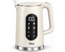 Olvy Waterkoker met Temperatuurregeling - Crème - Warmhoudfunctie - RVS - Dubbelwandig - Elektrisch - 1.7 Liter - 2200W