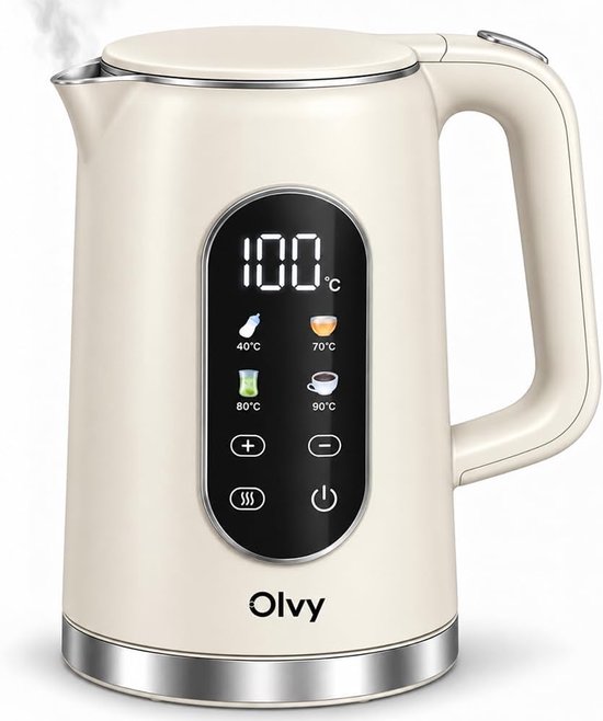 Crèmekleurige Olvy waterkoker met digitaal temperatuurdisplay, tiptoetsen en stoom uit de tuit.