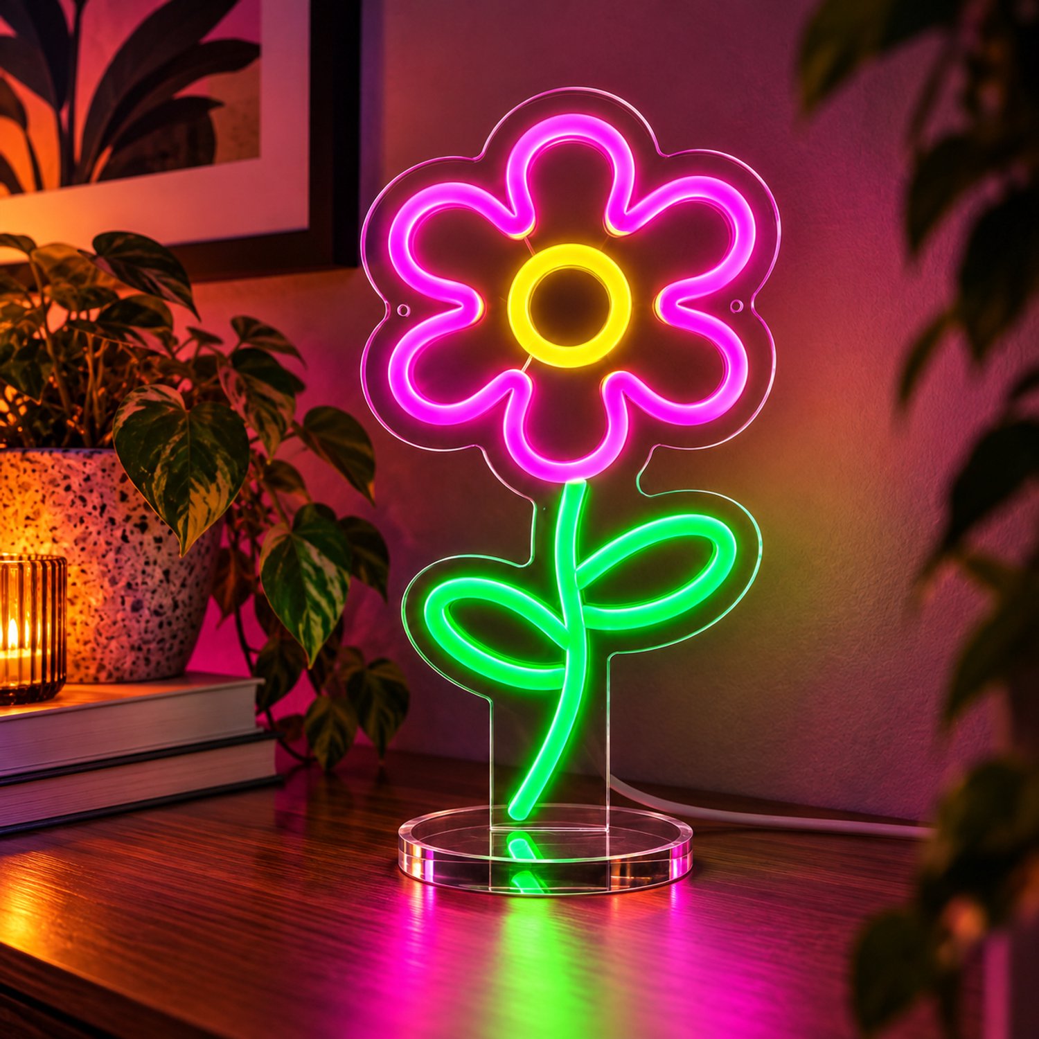 Neon Lamp - Bloemetje Roze - Staand - Dimbaar - Tafellamp - Neon Sign - LED Lamp - Verlichting - Wandlamp