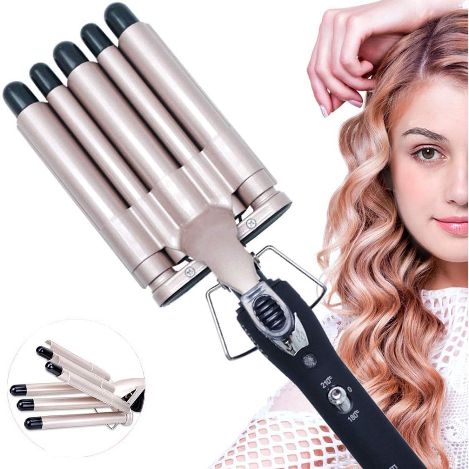 Wafeltang – Wafeltang Voor Dik en Dun Haar – Wave Tang Voor krullen – Krultang met Handschoenen – Met Haarspelden - Goud en Zwart