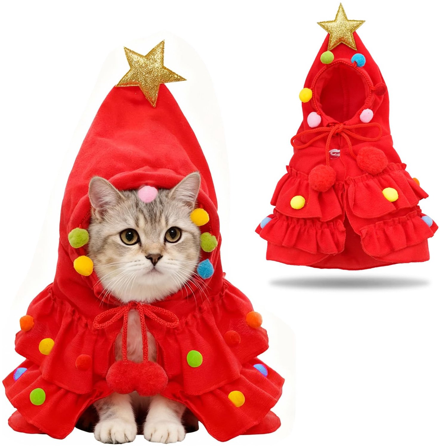 Kerstkostuum voor Katten - Kerstcape met Ster/Pompon - Rood - Cosplay/Kerstoutfit - Kleine Hond - Elegant Kerstboomdesign - Huisdierenkostuum